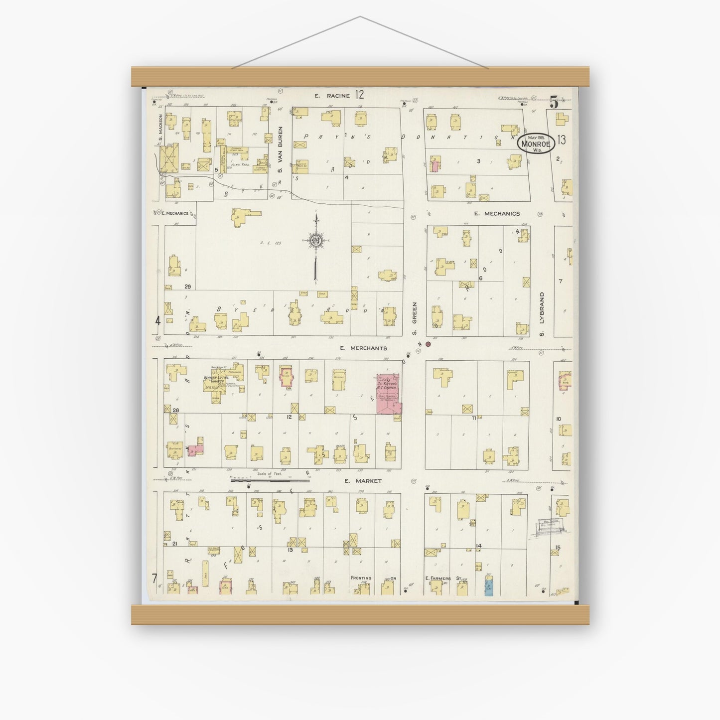 Old map wall art mockup — magnetic wood frame on white wall — Sanborn Fire Insurance Map from Monroe, Green County, Wisconsin (1915), Sheet #0005
