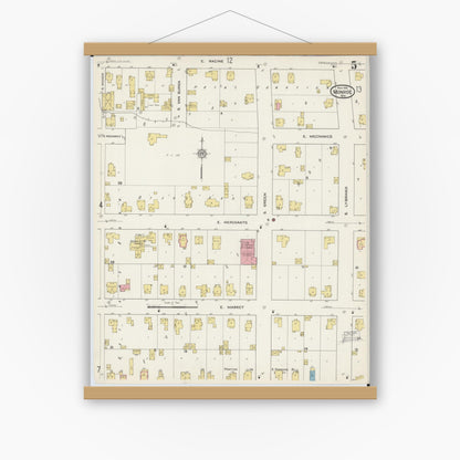Old map wall art mockup — magnetic wood frame on white wall — Sanborn Fire Insurance Map from Monroe, Green County, Wisconsin (1915), Sheet #0005