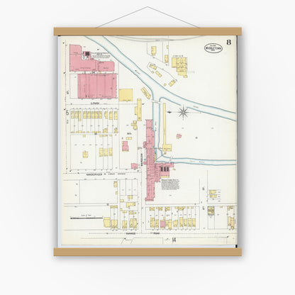Old map wall art mockup — magnetic wood frame on white wall — Sanborn Fire Insurance Map from Middletown, Butler County, Ohio (1901), Sheet #0008