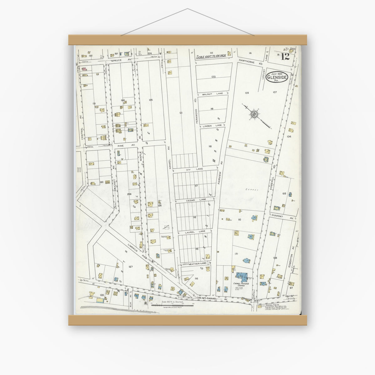 Old map wall art mockup — magnetic wood frame on white wall — Sanborn Fire Insurance Map from Glenside, Montgomery County, Pennsylvania (1920), Sheet #0012