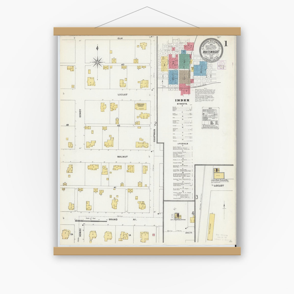 Old map wall art mockup — magnetic wood frame on white wall — Sanborn Fire Insurance Map from Whitewright, Grayson County, Texas (1905), Sheet #0001