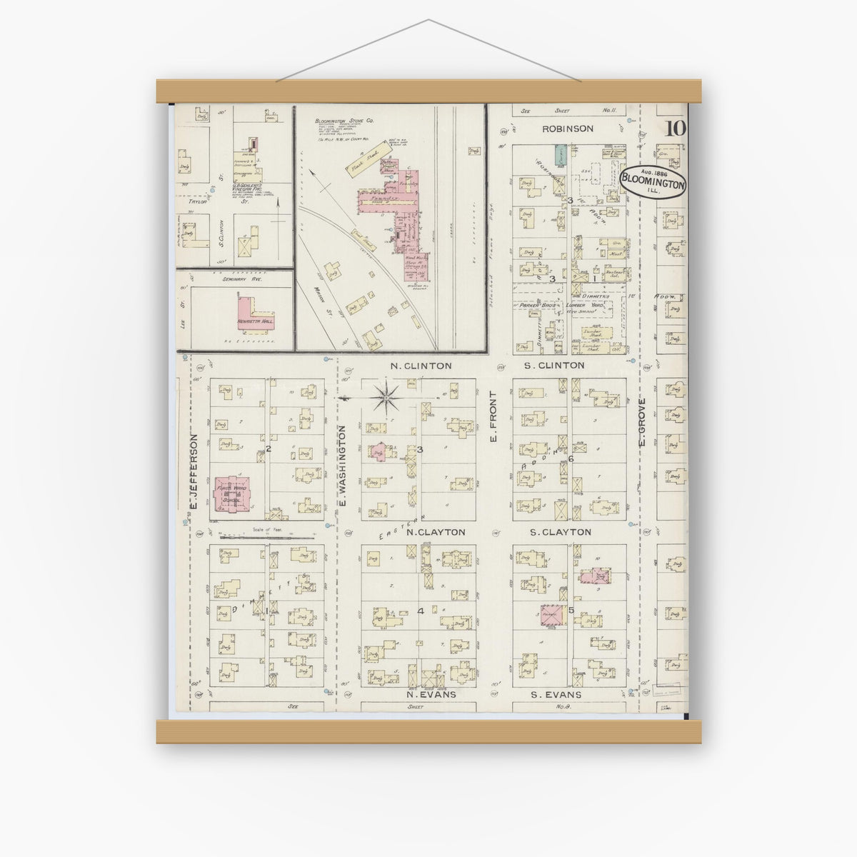 Old map wall art mockup — magnetic wood frame on white wall — Sanborn Fire Insurance Map from Bloomington, McLean County, Illinois (1886), Sheet #0010