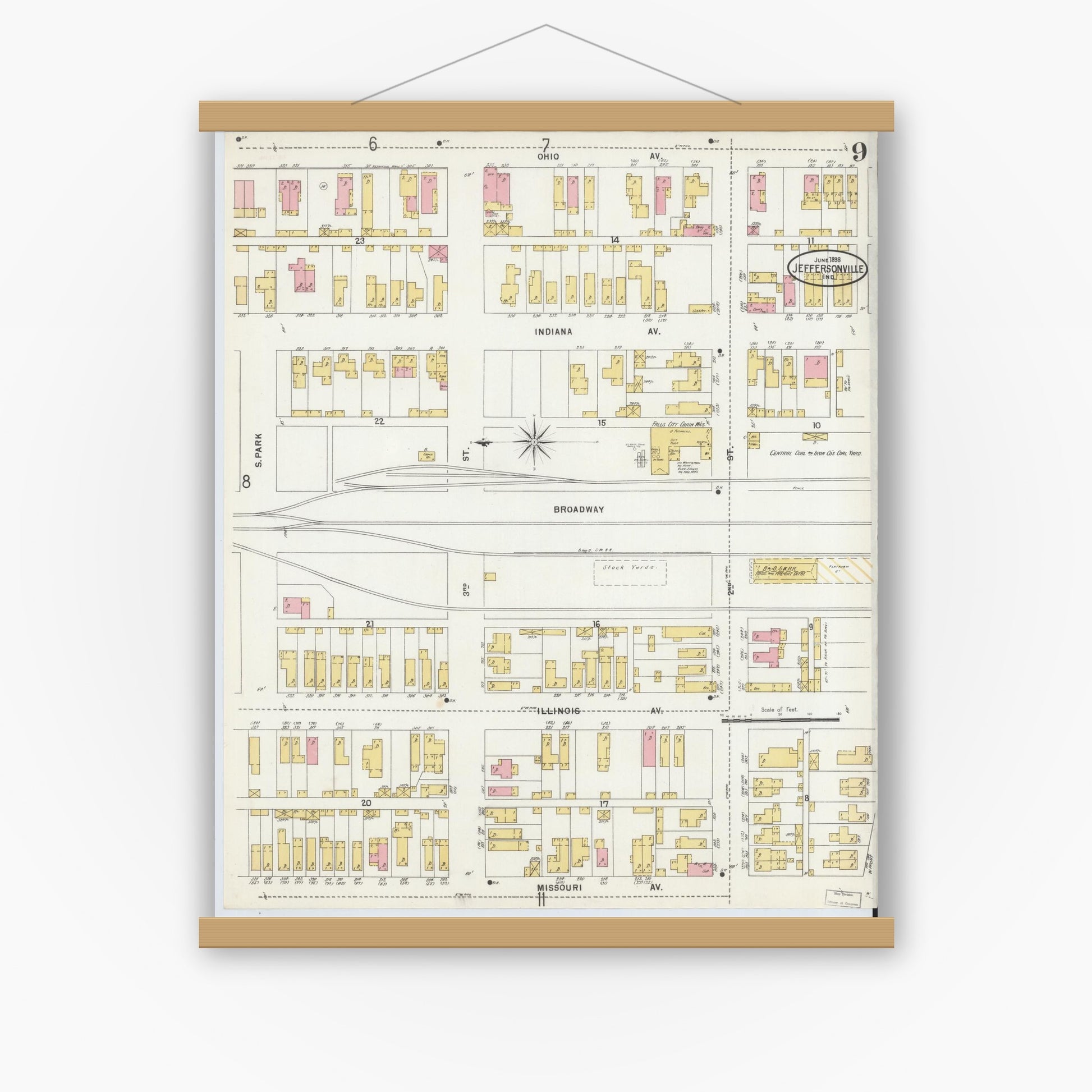 Old map wall art mockup — magnetic wood frame on white wall — Sanborn Fire Insurance Map from Jeffersonville, Clark County, Indiana (1898), Sheet #0009