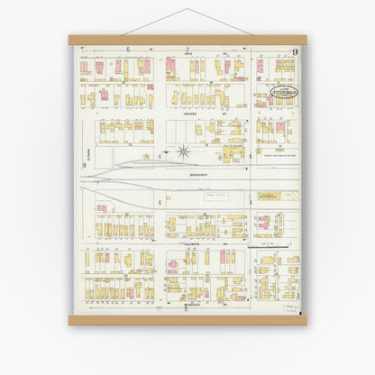 Old map wall art mockup — magnetic wood frame on white wall — Sanborn Fire Insurance Map from Jeffersonville, Clark County, Indiana (1898), Sheet #0009
