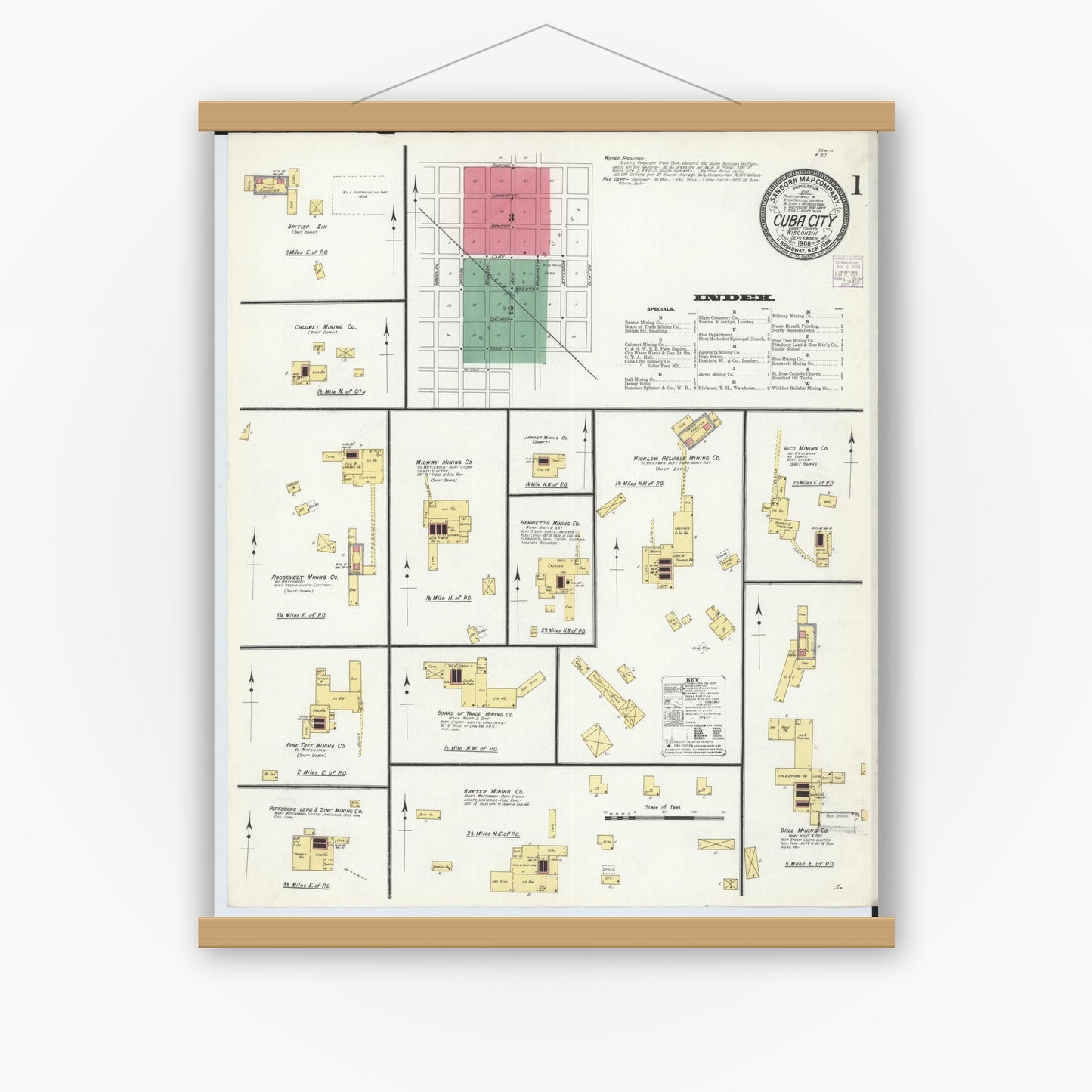 Old map wall art mockup — magnetic wood frame on white wall — Sanborn Fire Insurance Map from Cuba City, Grant County, Wisconsin (1908) - Complete Map Set