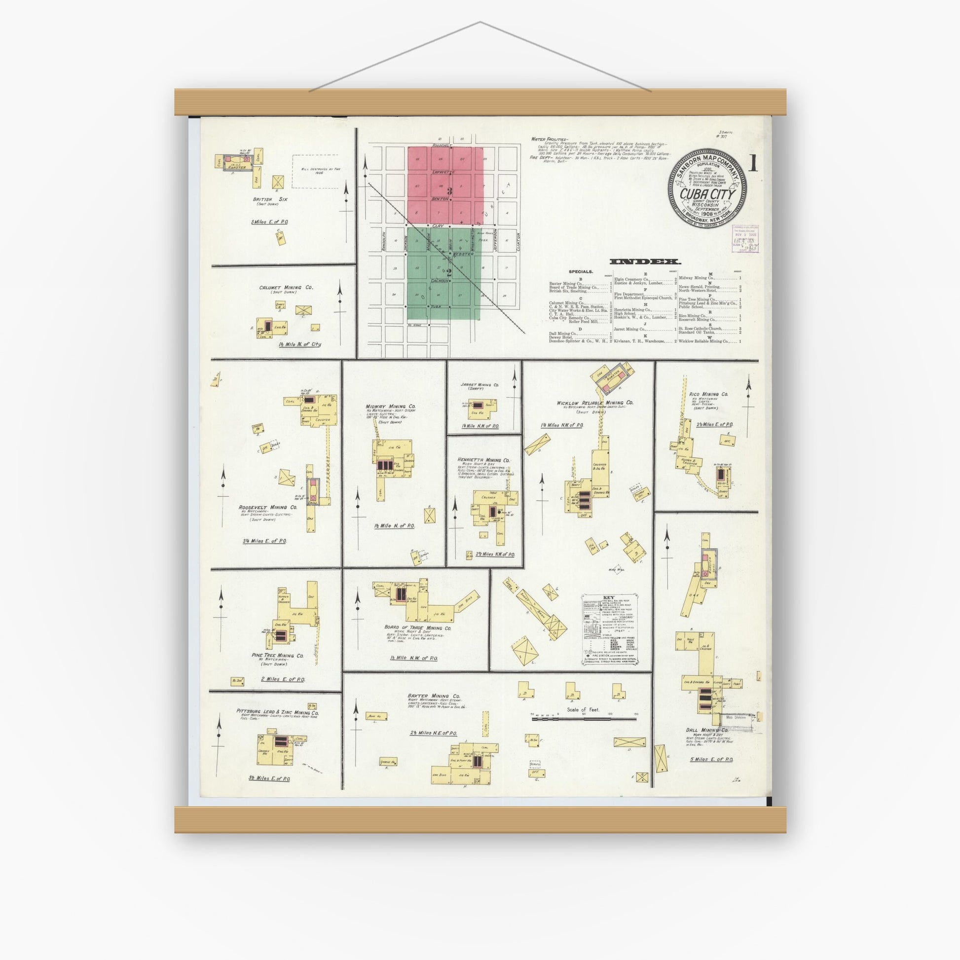 Old map wall art mockup — magnetic wood frame on white wall — Sanborn Fire Insurance Map from Cuba City, Grant County, Wisconsin (1908) - Complete Map Set