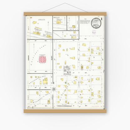 Old map wall art mockup — magnetic wood frame on white wall — Sanborn Fire Insurance Map from Hartley, O'Brien County, Iowa (1901), Sheet #0001