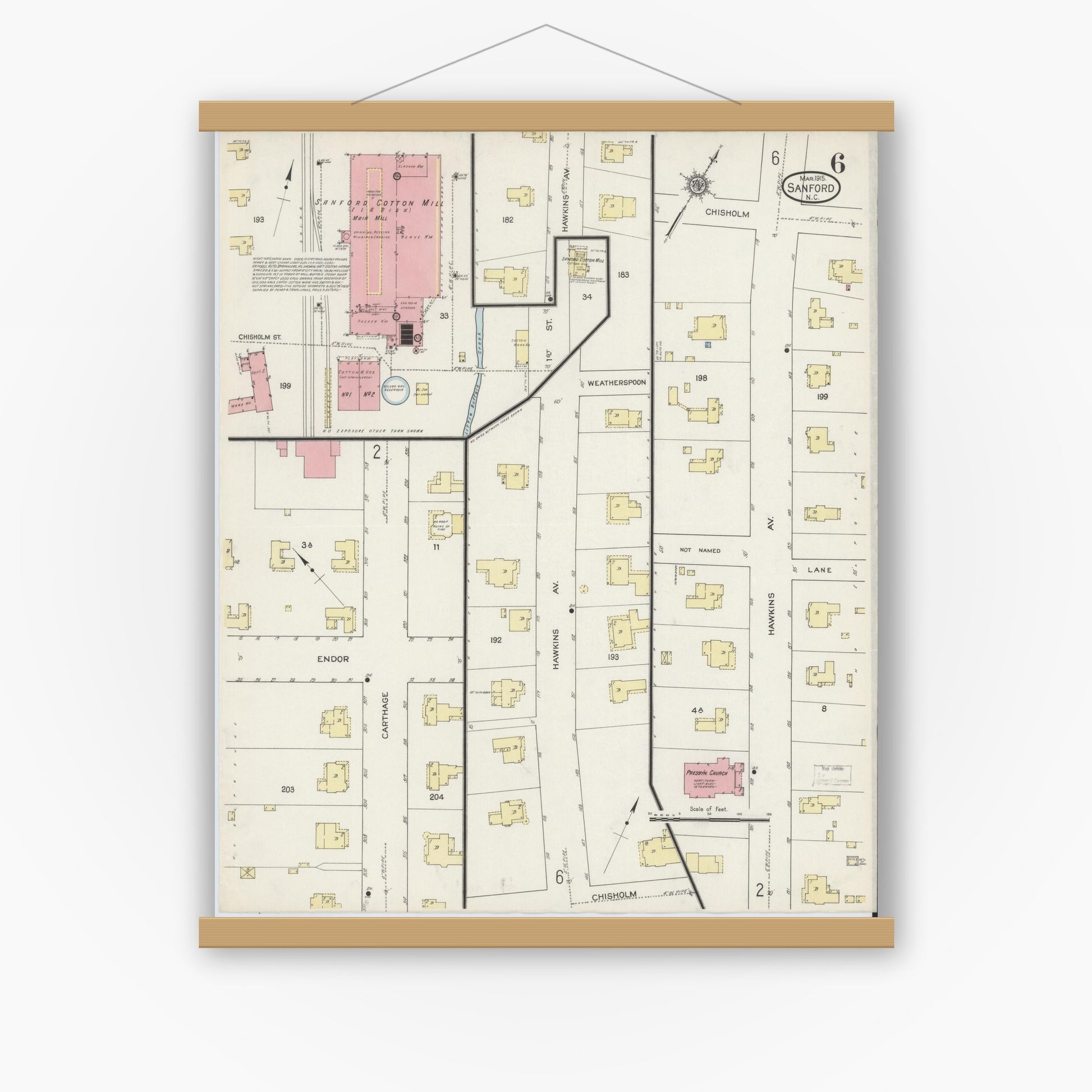 Old map wall art mockup — magnetic wood frame on white wall — Sanborn Fire Insurance Map from Sanford, Lee County, North Carolina (1915), Sheet #0006