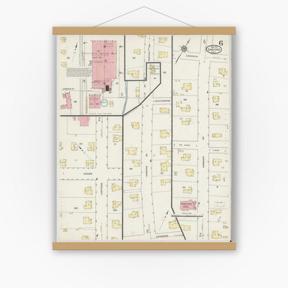 Old map wall art mockup — magnetic wood frame on white wall — Sanborn Fire Insurance Map from Sanford, Lee County, North Carolina (1915), Sheet #0006