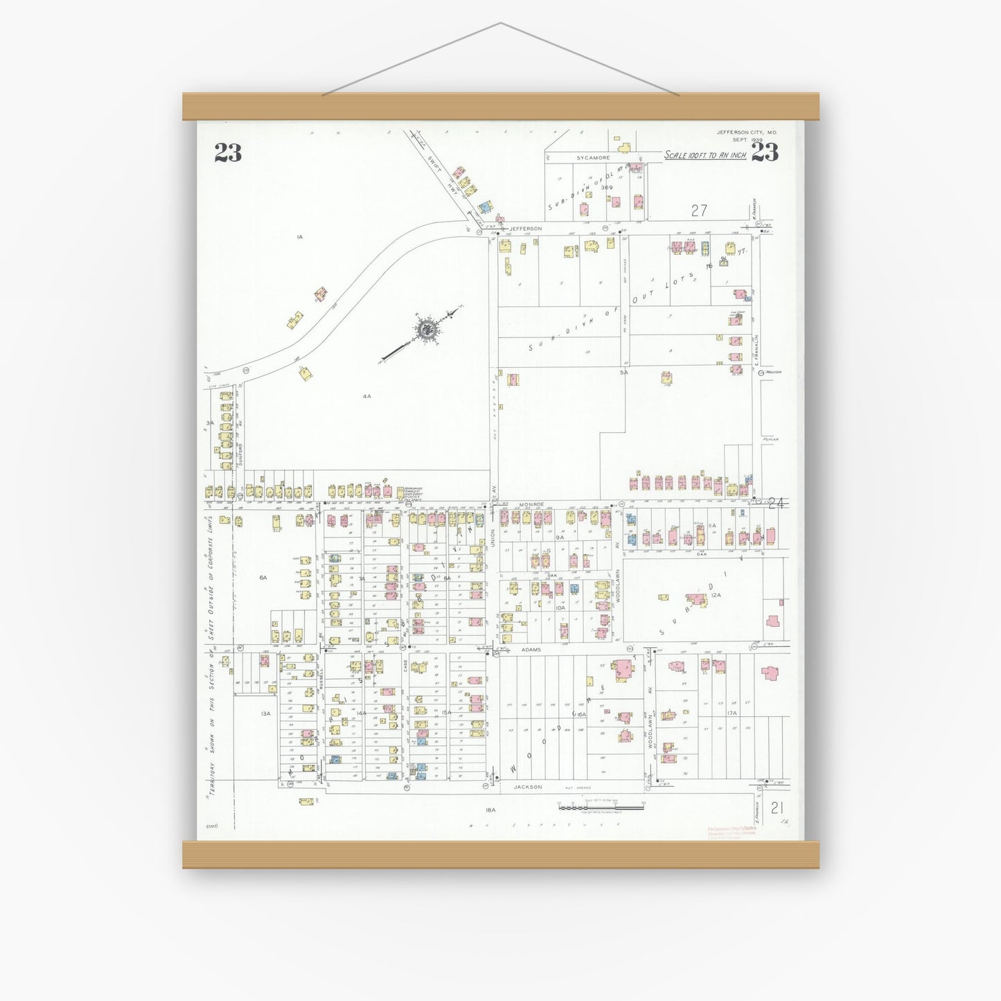 Old map wall art mockup — magnetic wood frame on white wall — Sanborn Fire Insurance Map from Jefferson City, Cole County, Missouri (1939), Sheet #0023