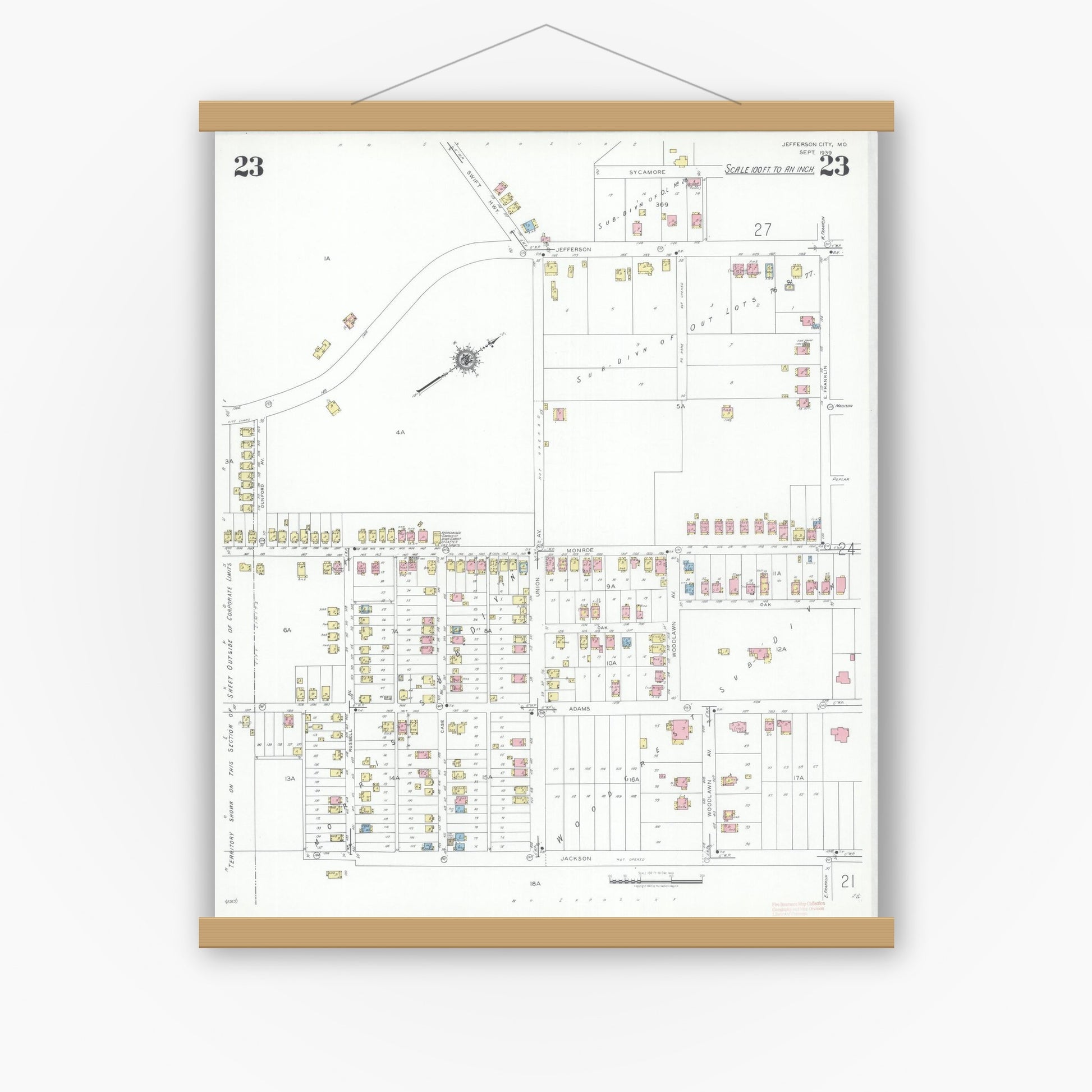 Old map wall art mockup — magnetic wood frame on white wall — Sanborn Fire Insurance Map from Jefferson City, Cole County, Missouri (1939), Sheet #0023