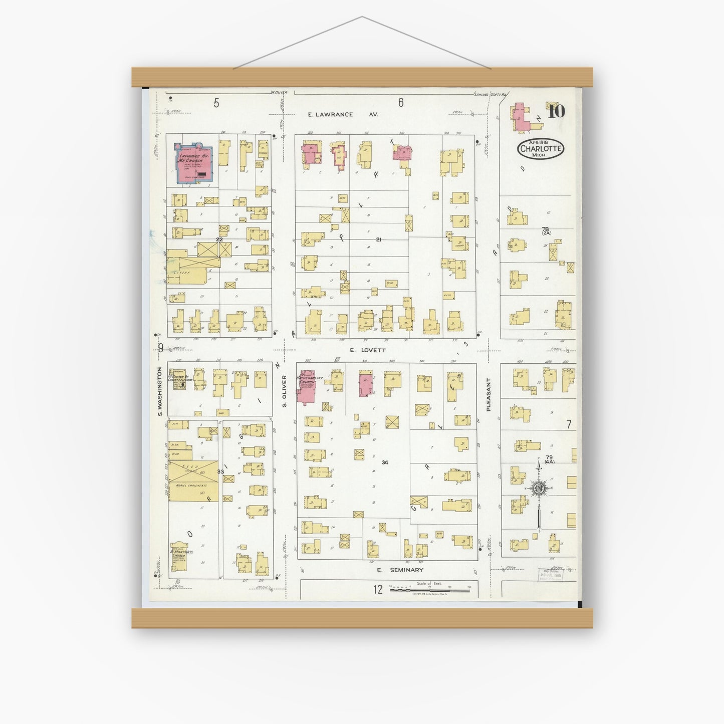 Old map wall art mockup — magnetic wood frame on white wall — Sanborn Fire Insurance Map from Charlotte, Eaton County, Michigan (1918), Sheet #0010