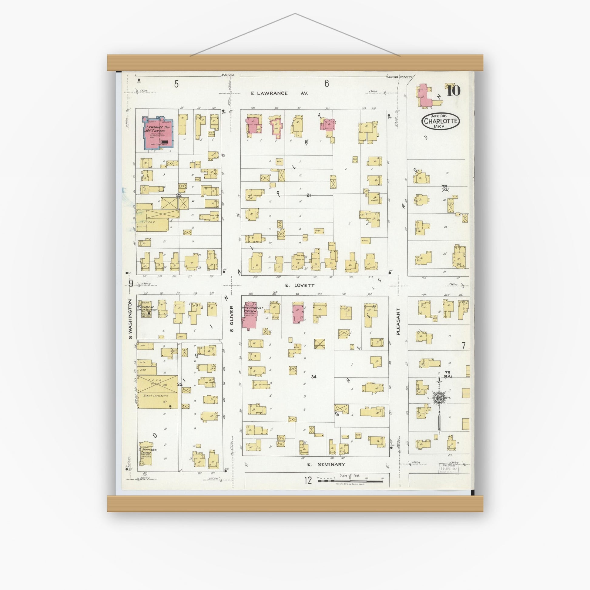 Old map wall art mockup — magnetic wood frame on white wall — Sanborn Fire Insurance Map from Charlotte, Eaton County, Michigan (1918), Sheet #0010