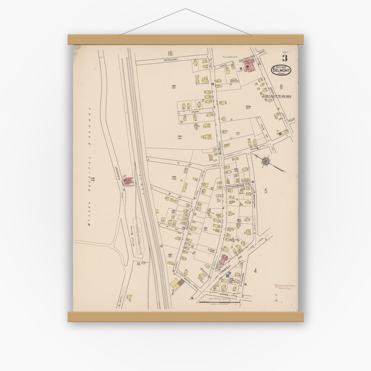Old map wall art mockup — magnetic wood frame on white wall — Sanborn Fire Insurance Map from Belmont, Middlesex County, Massachusetts (1922), Sheet #0003