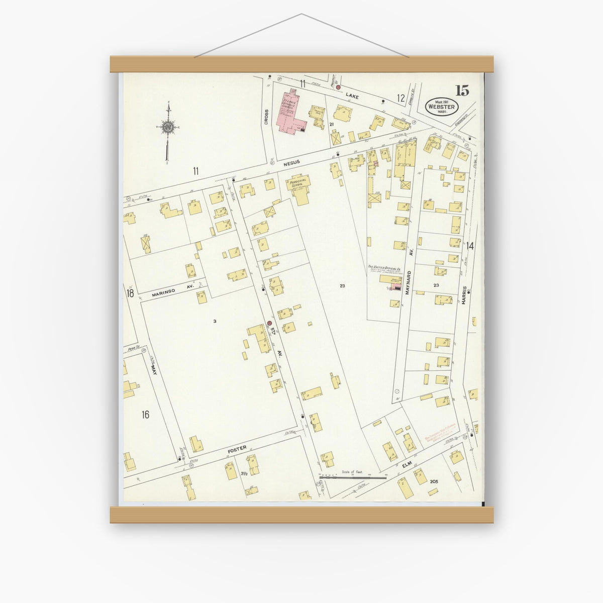 Old map wall art mockup — magnetic wood frame on white wall — Sanborn Fire Insurance Map from Webster, Worcester County, Massachusetts (1911), Sheet #0015