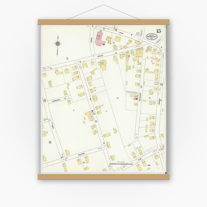 Old map wall art mockup — magnetic wood frame on white wall — Sanborn Fire Insurance Map from Webster, Worcester County, Massachusetts (1911), Sheet #0015