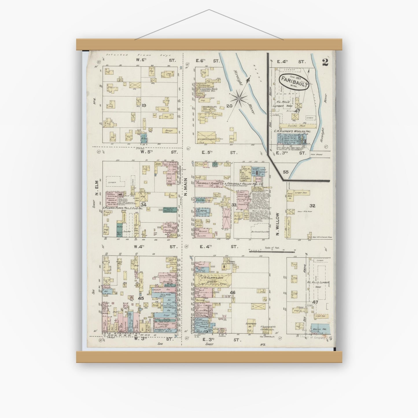 Old map wall art mockup — magnetic wood frame on white wall — Sanborn Fire Insurance Map from Faribault, Rice County, Minnesota (1889), Sheet #0002