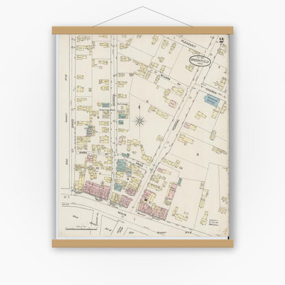 Old map wall art mockup — magnetic wood frame on white wall — Sanborn Fire Insurance Map from Greenfield, Franklin County, Massachusetts (1887), Sheet #0002