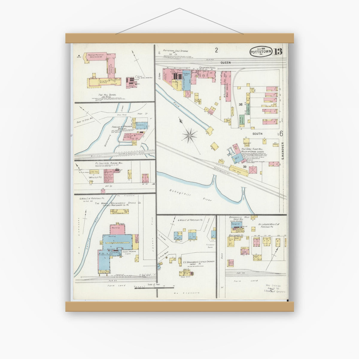 Old map wall art mockup — magnetic wood frame on white wall — Sanborn Fire Insurance Map from Pottstown, Montgomery County, Pennsylvania (1896), Sheet #0013