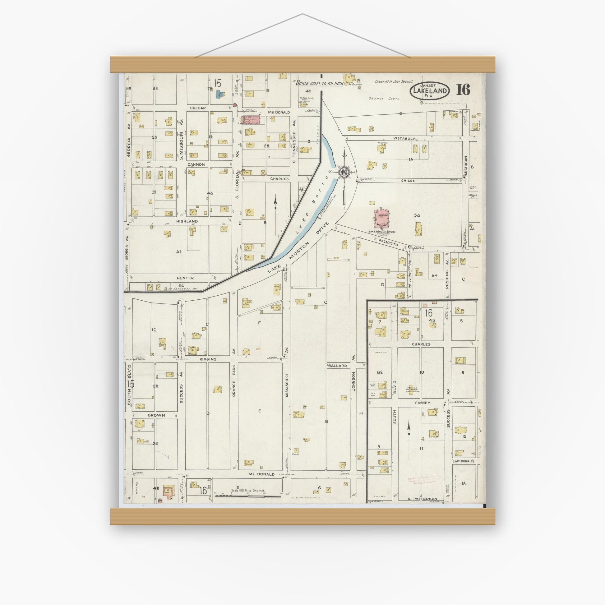 Old map wall art mockup — magnetic wood frame on white wall — Sanborn Fire Insurance Map from Lakeland, Polk County, Florida (1917), Sheet #0016