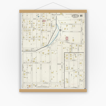 Old map wall art mockup — magnetic wood frame on white wall — Sanborn Fire Insurance Map from Lakeland, Polk County, Florida (1917), Sheet #0016