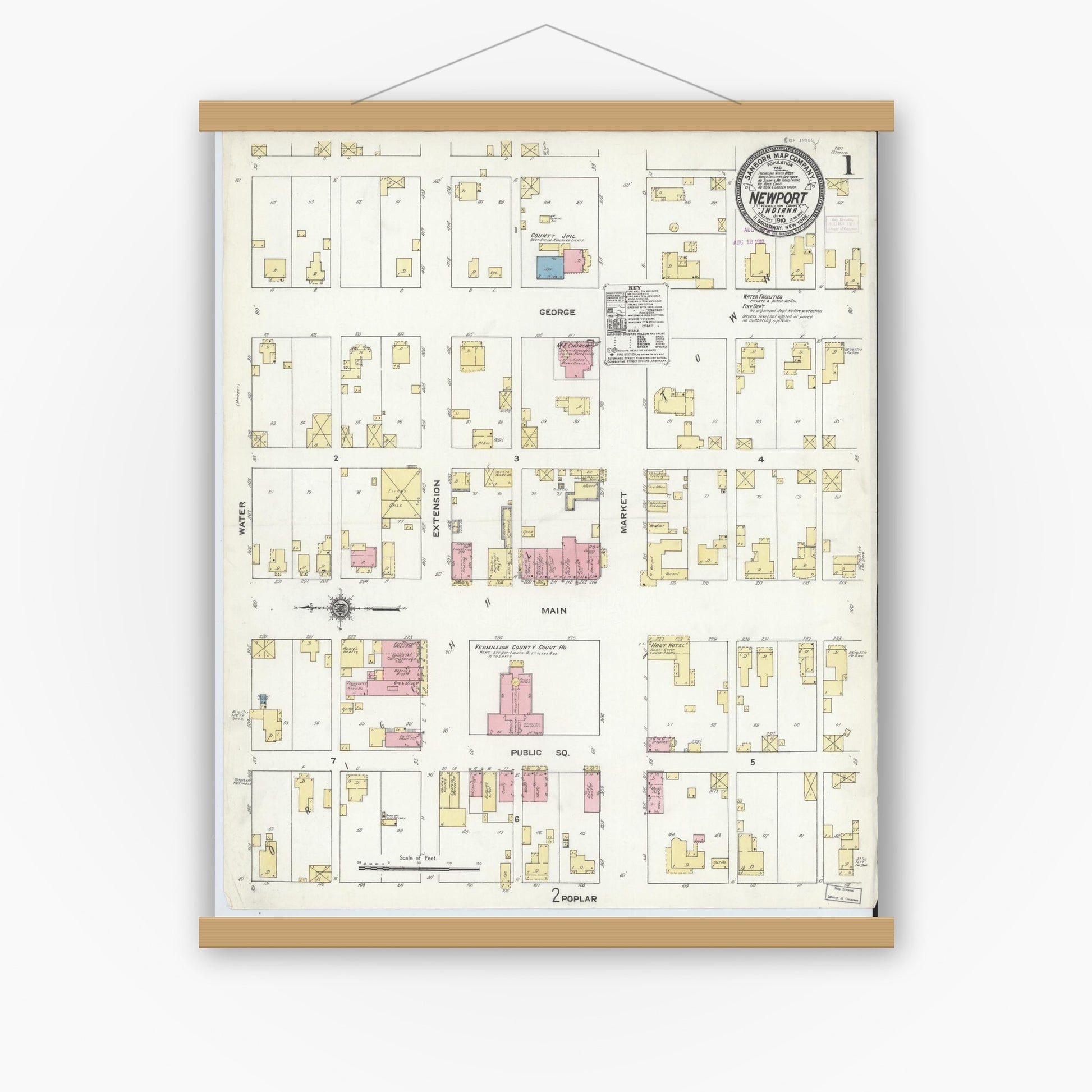 Old map wall art mockup — magnetic wood frame on white wall — Sanborn Fire Insurance Map from Newport, Vermillion County, Indiana (1910) - Complete Map Set