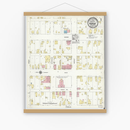 Old map wall art mockup — magnetic wood frame on white wall — Sanborn Fire Insurance Map from Newport, Vermillion County, Indiana (1910) - Complete Map Set