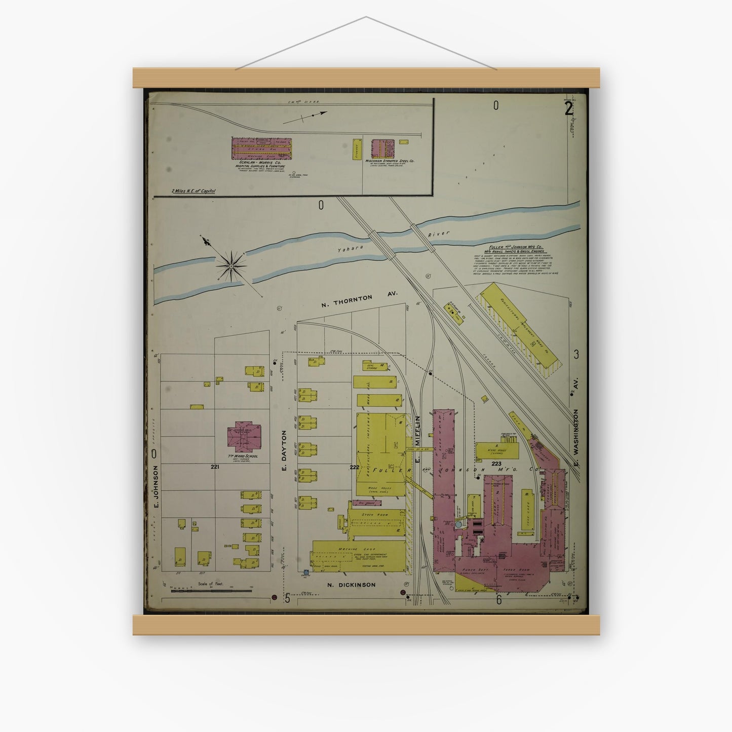 Old map wall art mockup — magnetic wood frame on white wall — Sanborn Fire Insurance Map from Madison, Dane County, Wisconsin (1908), Sheet #0002