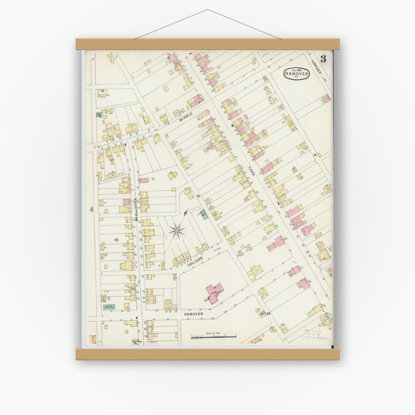 Old map wall art mockup — magnetic wood frame on white wall — Sanborn Fire Insurance Map from Hanover, York County, Pennsylvania (1896), Sheet #0003