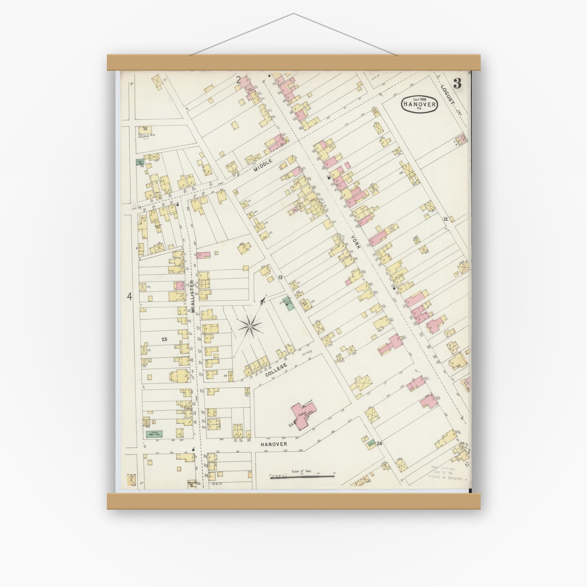 Old map wall art mockup — magnetic wood frame on white wall — Sanborn Fire Insurance Map from Hanover, York County, Pennsylvania (1896), Sheet #0003
