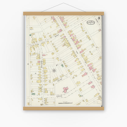 Old map wall art mockup — magnetic wood frame on white wall — Sanborn Fire Insurance Map from Hanover, York County, Pennsylvania (1896), Sheet #0003