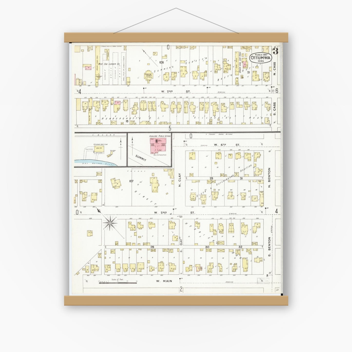 Old map wall art mockup — magnetic wood frame on white wall — Sanborn Fire Insurance Map from Ottumwa, Wapello County, Iowa (1897), Sheet #0003