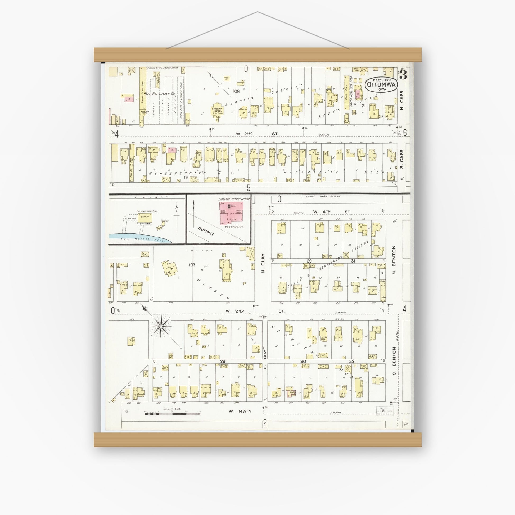 Old map wall art mockup — magnetic wood frame on white wall — Sanborn Fire Insurance Map from Ottumwa, Wapello County, Iowa (1897), Sheet #0003