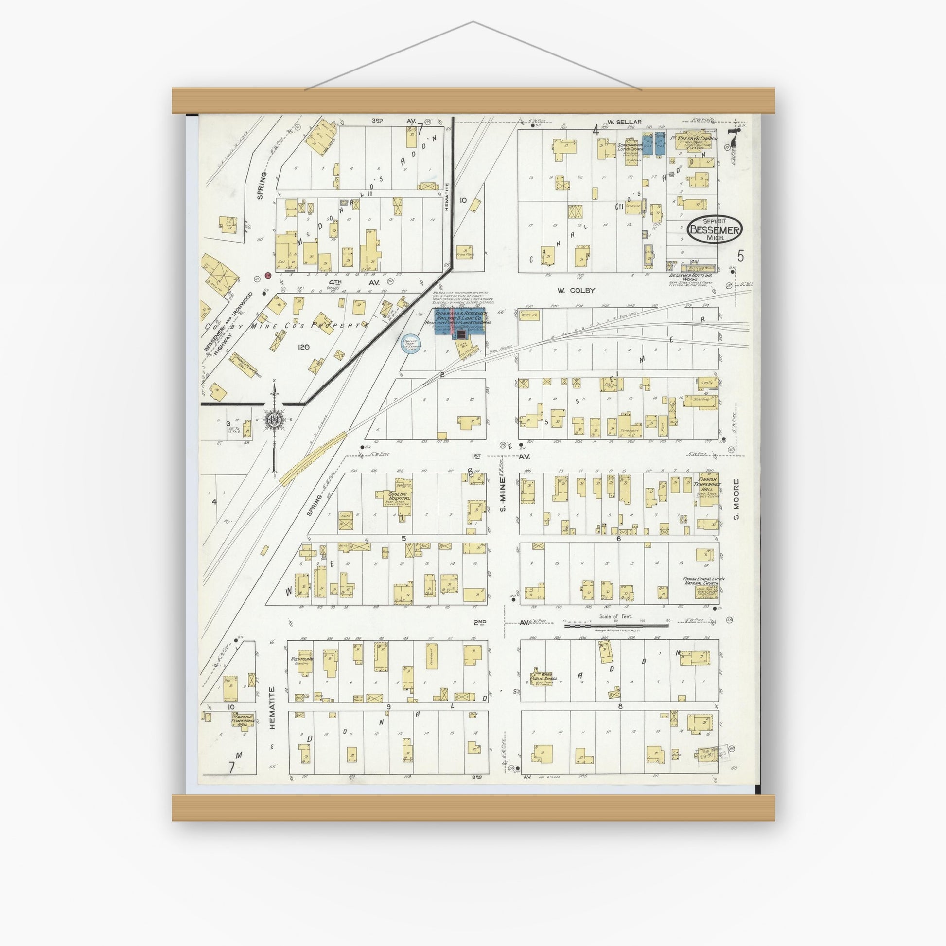 Old map wall art mockup — magnetic wood frame on white wall — Sanborn Fire Insurance Map from Bessemer, Gogebic County, Michigan (1917), Sheet #0007