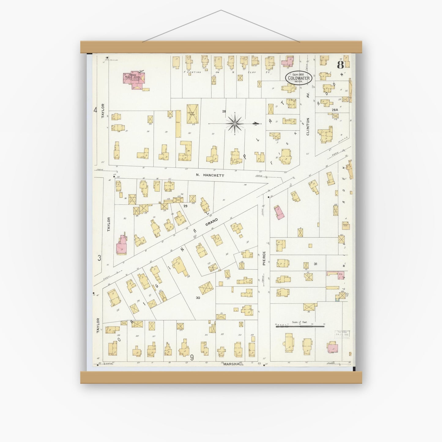 Old map wall art mockup — magnetic wood frame on white wall — Sanborn Fire Insurance Map from Coldwater, Branch County, Michigan (1908), Sheet #0008