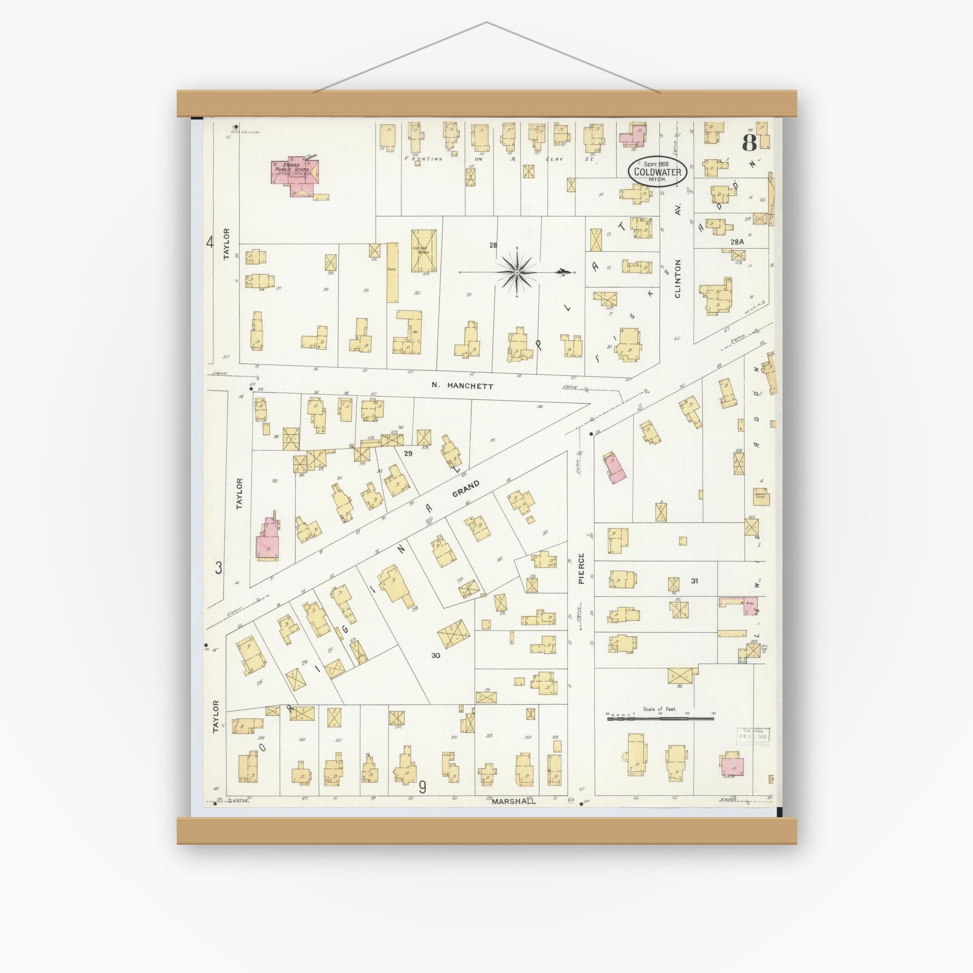Old map wall art mockup — magnetic wood frame on white wall — Sanborn Fire Insurance Map from Coldwater, Branch County, Michigan (1908), Sheet #0008