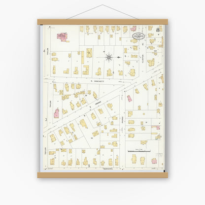 Old map wall art mockup — magnetic wood frame on white wall — Sanborn Fire Insurance Map from Coldwater, Branch County, Michigan (1908), Sheet #0008