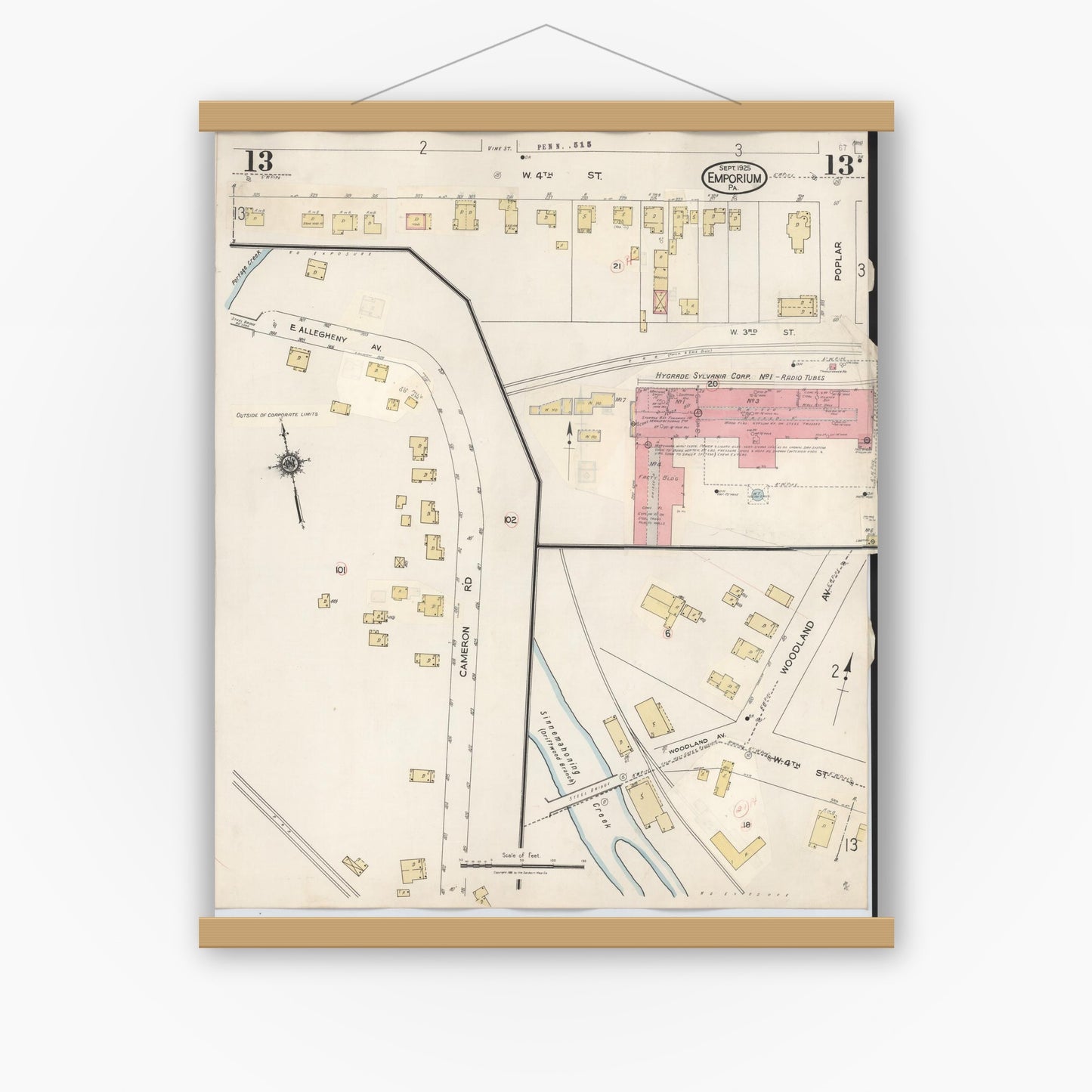 Old map wall art mockup — magnetic wood frame on white wall — Sanborn Fire Insurance Map from Emporium, Cameron County, Pennsylvania (1938), Sheet #0013