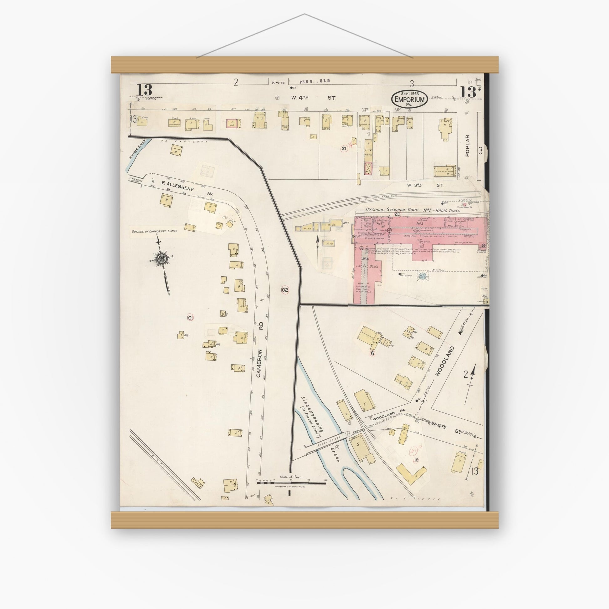 Old map wall art mockup — magnetic wood frame on white wall — Sanborn Fire Insurance Map from Emporium, Cameron County, Pennsylvania (1938), Sheet #0013
