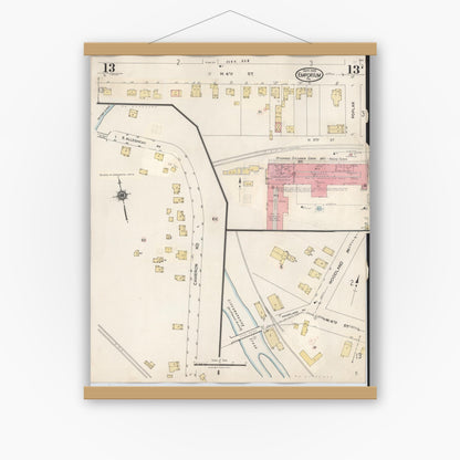 Old map wall art mockup — magnetic wood frame on white wall — Sanborn Fire Insurance Map from Emporium, Cameron County, Pennsylvania (1938), Sheet #0013