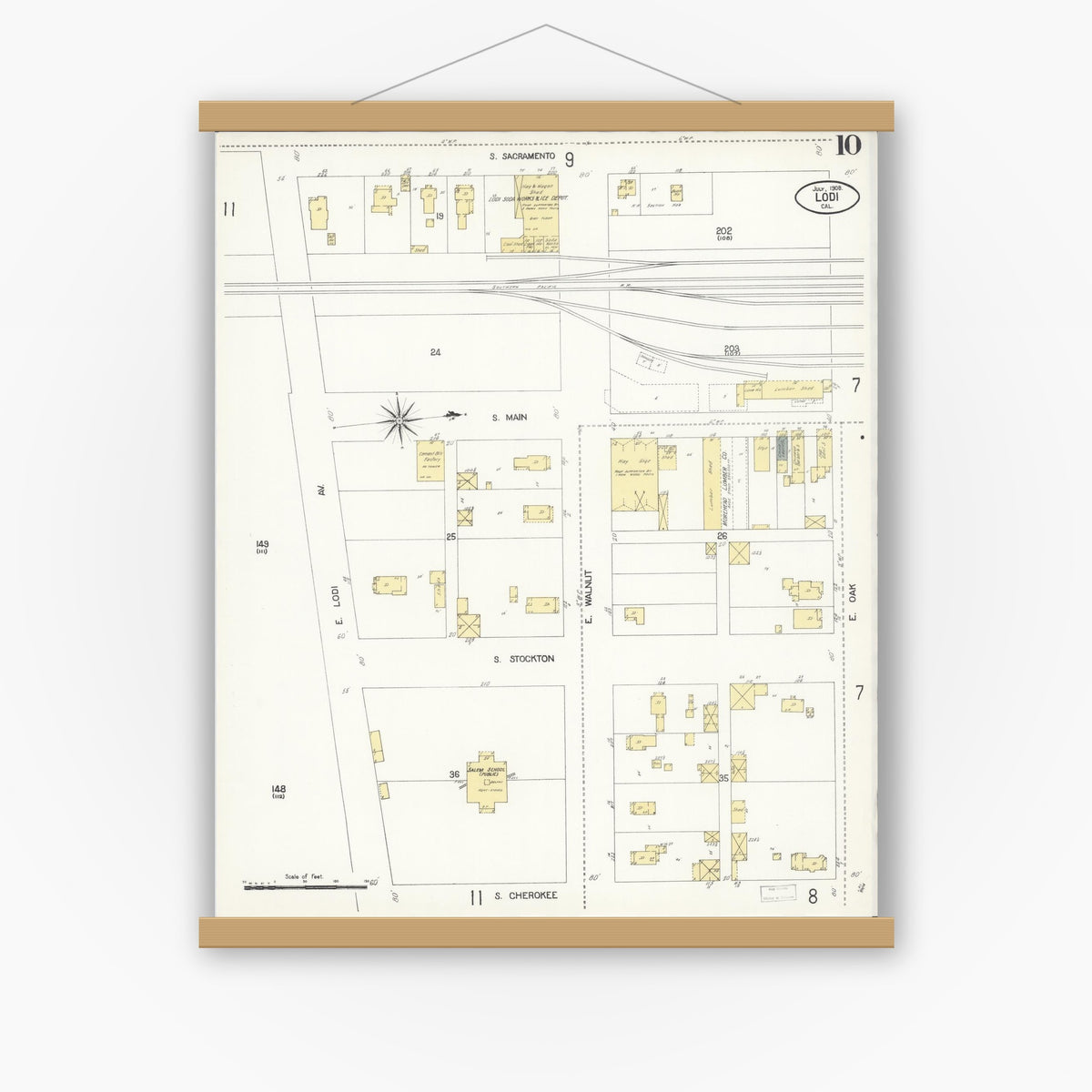 Old map wall art mockup — magnetic wood frame on white wall — Sanborn Fire Insurance Map from Lodi, San Joaquin County, California (1908), Sheet #0010