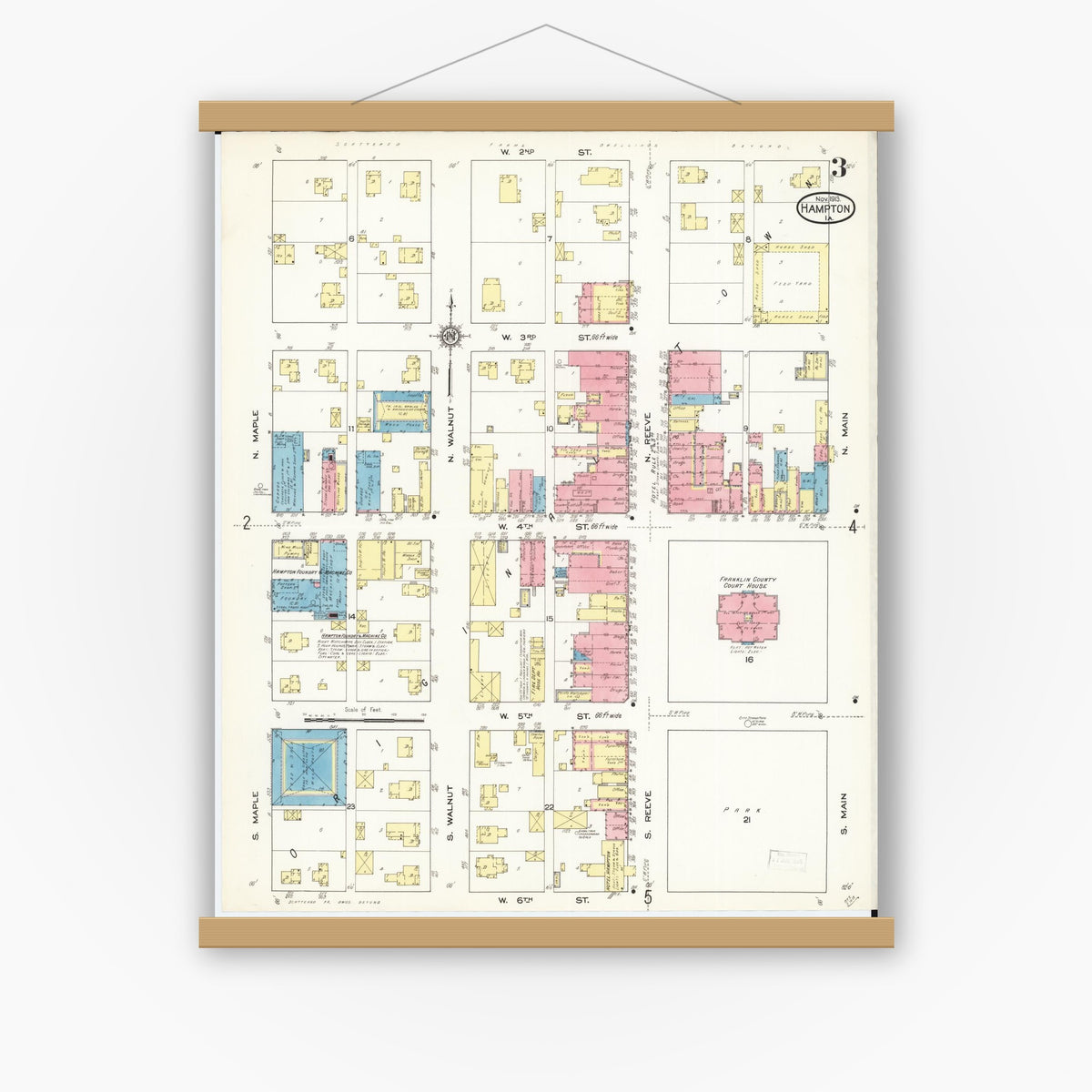 Old map wall art mockup — magnetic wood frame on white wall — Sanborn Fire Insurance Map from Hampton, Franklin County, Iowa (1913), Sheet #0003