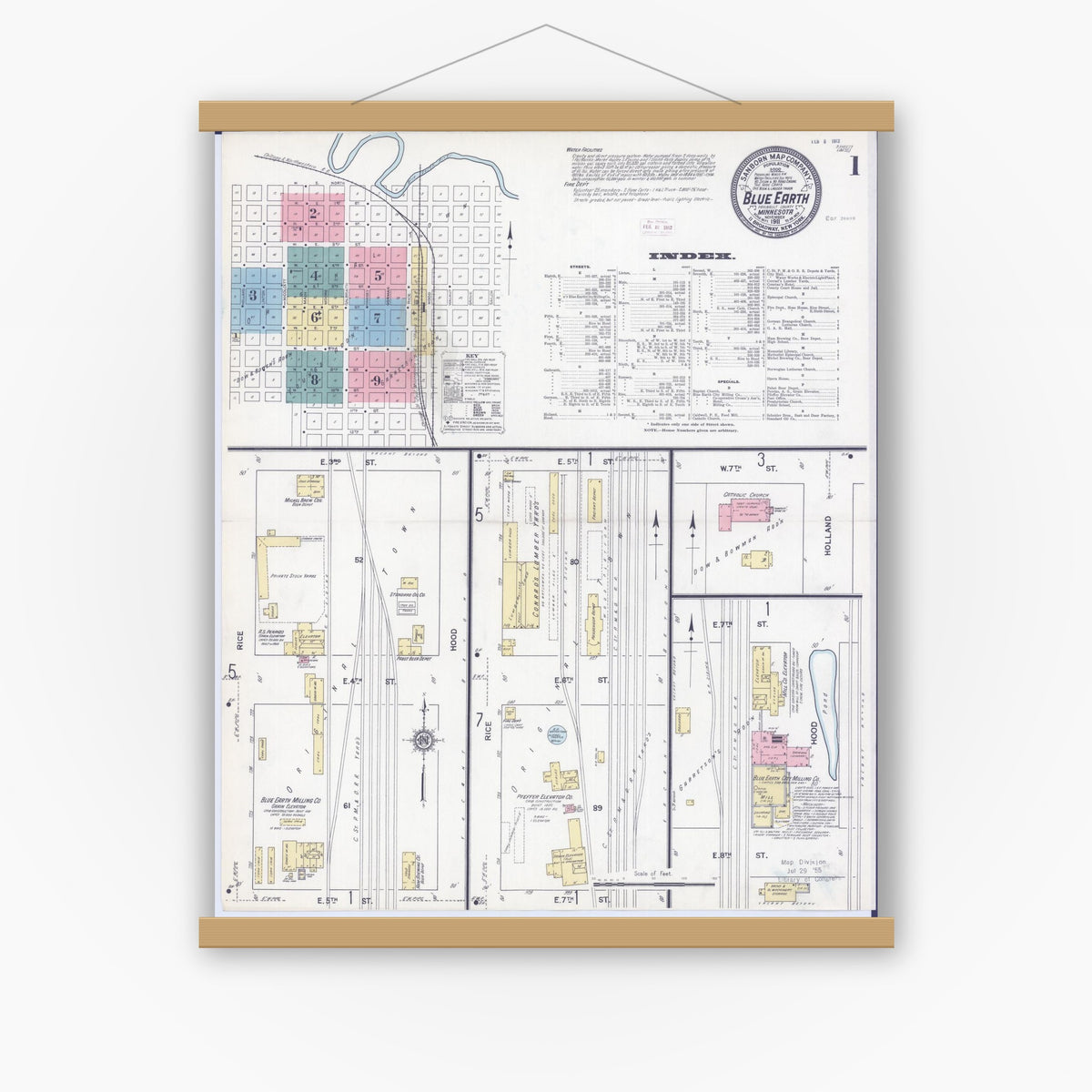 Old map wall art mockup — magnetic wood frame on white wall — Sanborn Fire Insurance Map from Blue Earth, Faribault County, Minnesota (1911) - Complete Map Set