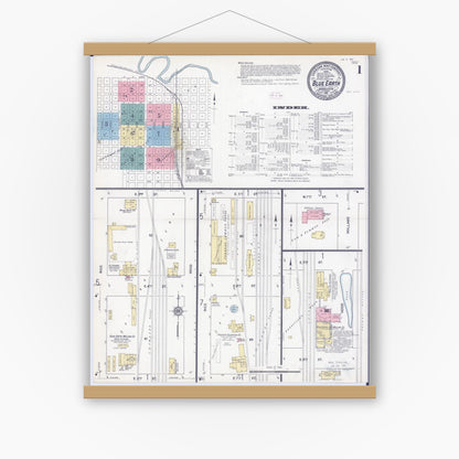 Old map wall art mockup — magnetic wood frame on white wall — Sanborn Fire Insurance Map from Blue Earth, Faribault County, Minnesota (1911) - Complete Map Set