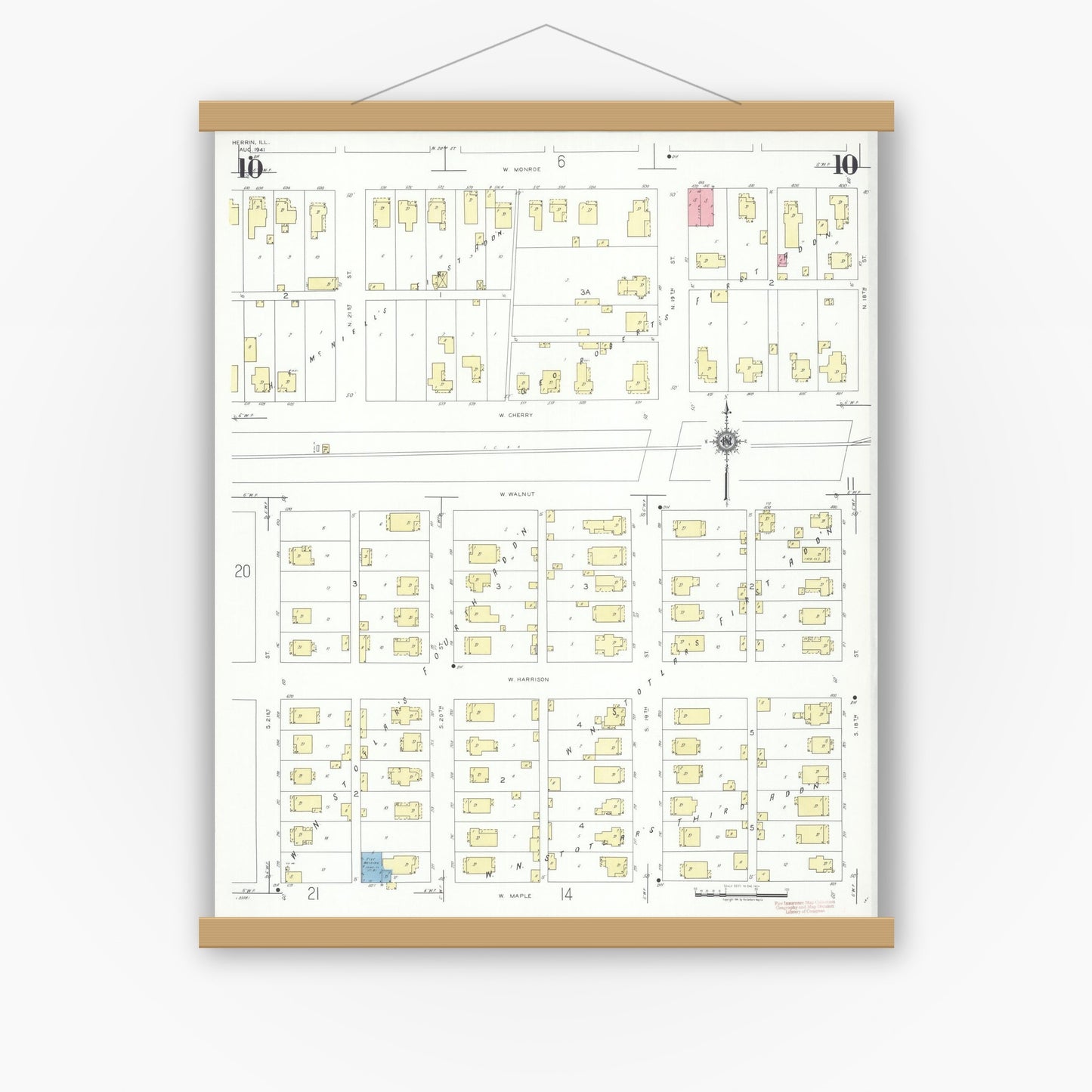 Old map wall art mockup — magnetic wood frame on white wall — Sanborn Fire Insurance Map from Herrin, Williamson County, Illinois (1941), Sheet #0010