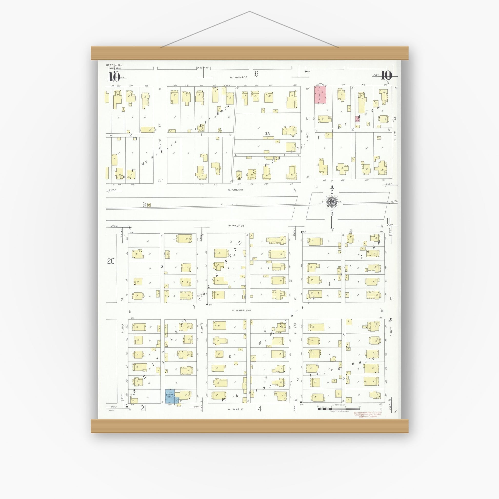 Old map wall art mockup — magnetic wood frame on white wall — Sanborn Fire Insurance Map from Herrin, Williamson County, Illinois (1941), Sheet #0010