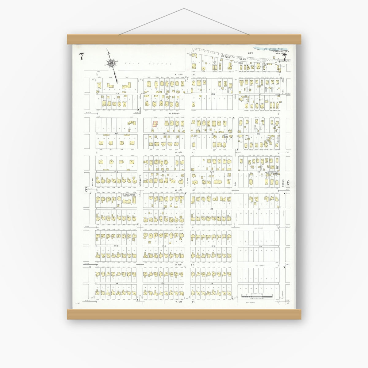 Old map wall art mockup — magnetic wood frame on white wall — Sanborn Fire Insurance Map from Freeport, Brazoria County, Texas (1943), Sheet #0007