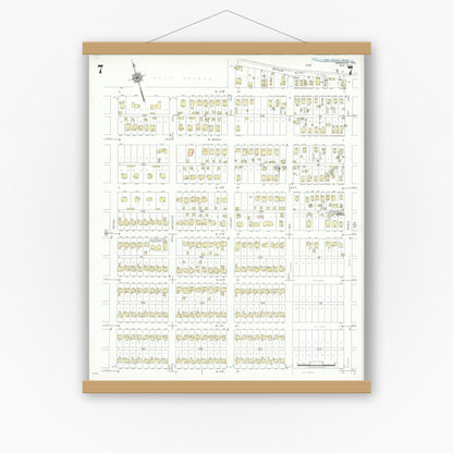 Old map wall art mockup — magnetic wood frame on white wall — Sanborn Fire Insurance Map from Freeport, Brazoria County, Texas (1943), Sheet #0007