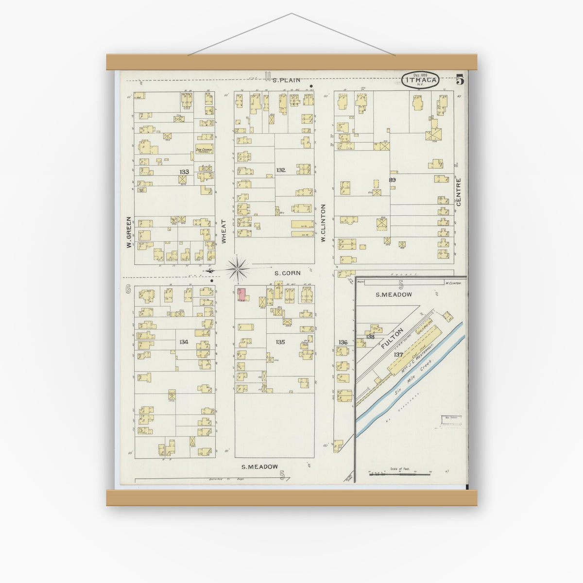 Old map wall art mockup — magnetic wood frame on white wall — Sanborn Fire Insurance Map from Ithaca, Tompkins County, New York (1893), Sheet #0005