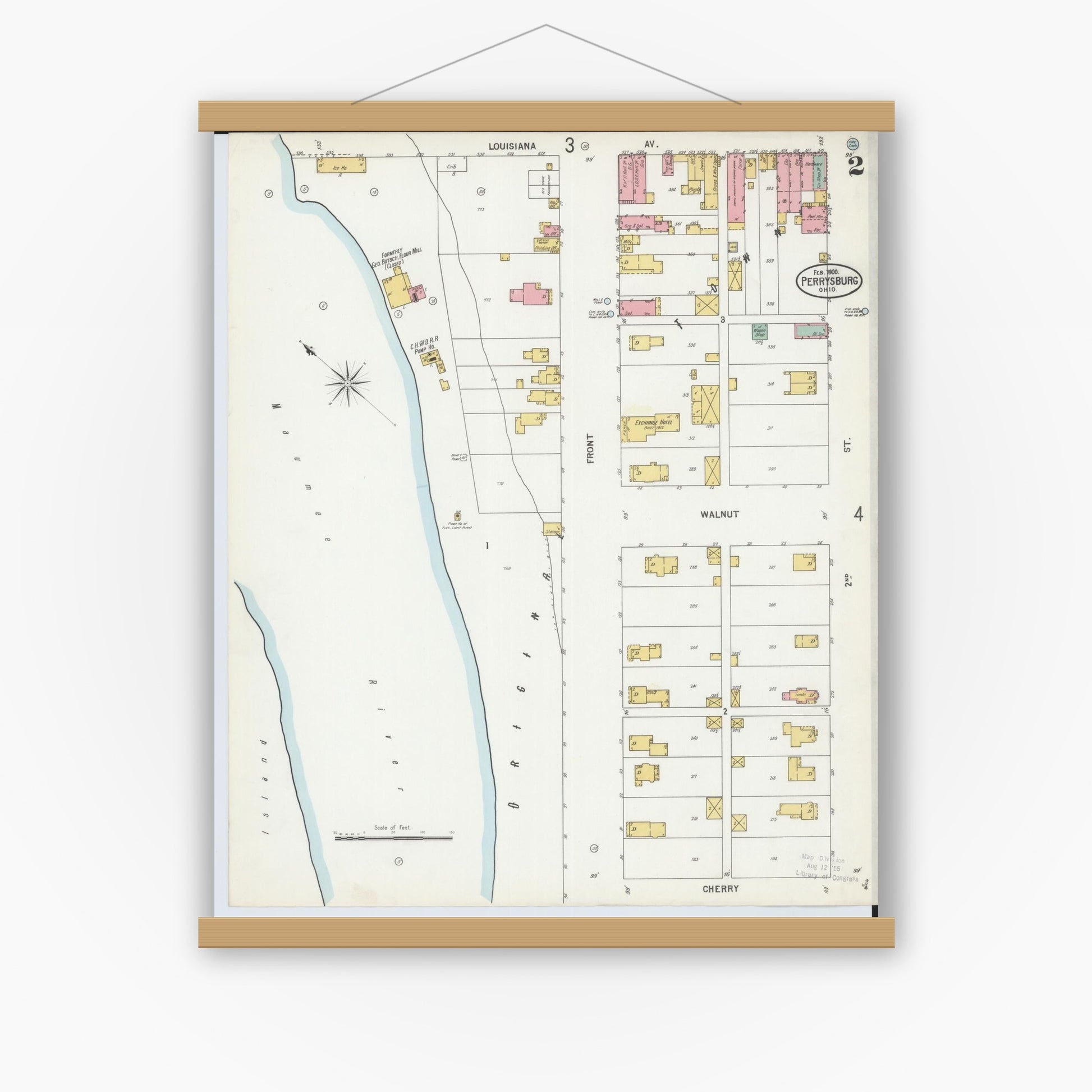 Old map wall art mockup — magnetic wood frame on white wall — Sanborn Fire Insurance Map from Perrysburg, Wood County, Ohio (1900), Sheet #0002